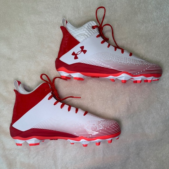 Under Armour Other - Under Armour Football Cleats Mens 11.5‎ White Red UA Mid Top Athletic Shoes